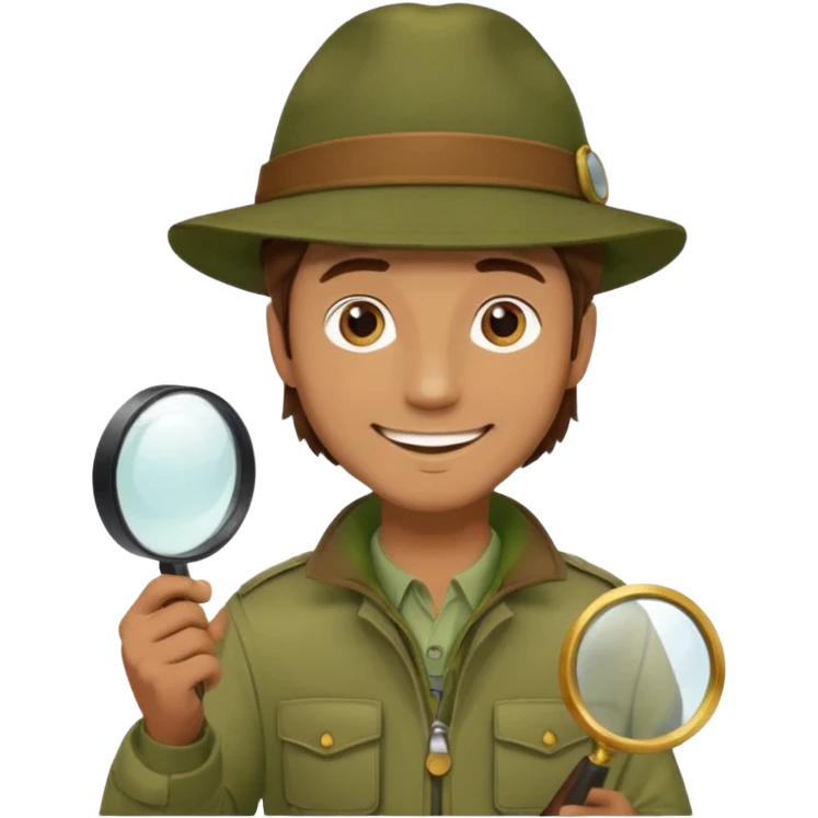  man with brown hair in beige moss green explorer outfit, hat, holding magnifying glass, smile emoji
