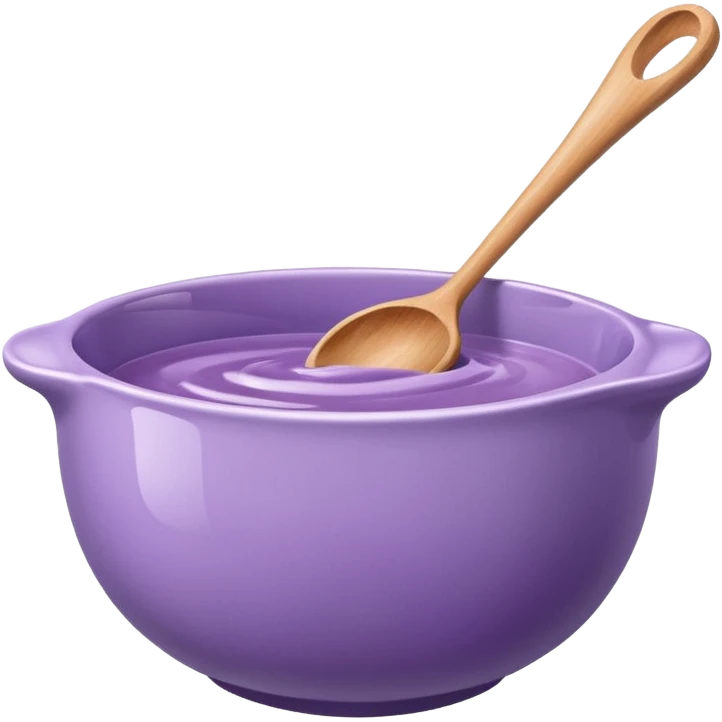 a lilac ceramic mixing bowl with a wooden spoon stirring emoji