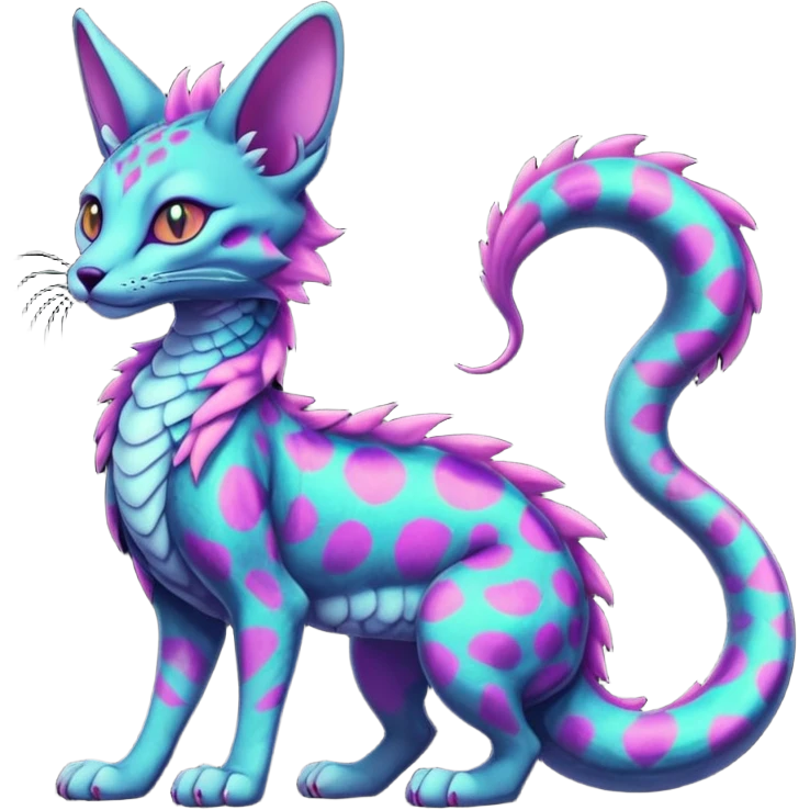 Flurry furry colorful dark edgy neon-glowing-patterns on gloomy dusky scaly sergal-serval-possum-sphynx-Koi-sergal-fusion-animal-hybrid-creature with a snake-tail emoji