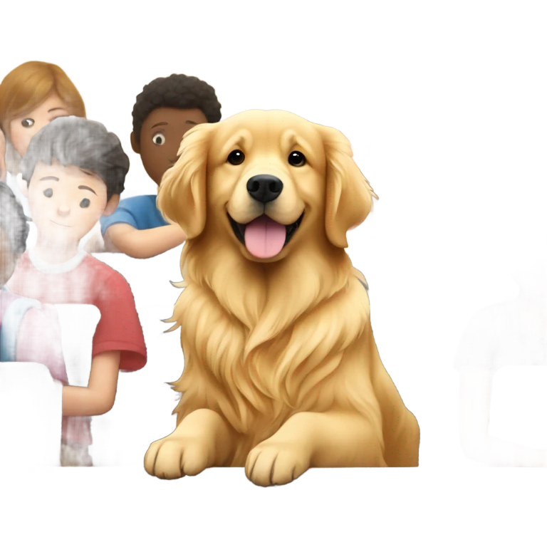 golden retriever surrounded by school students and a teacher  emoji