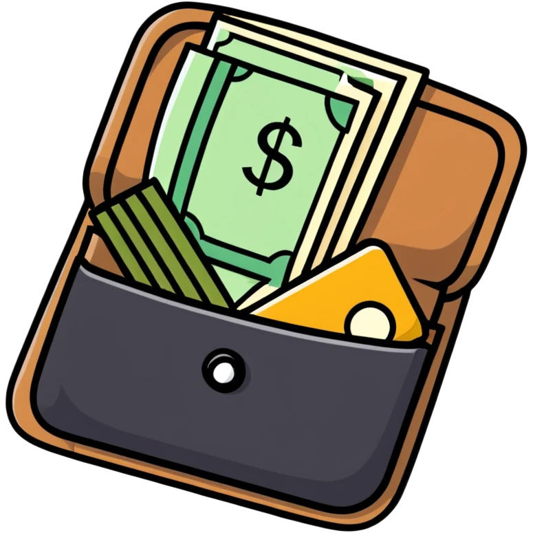 black leather wallet open with dollar bills inside and a small analog clock in top right corner floating above the wallet emoji