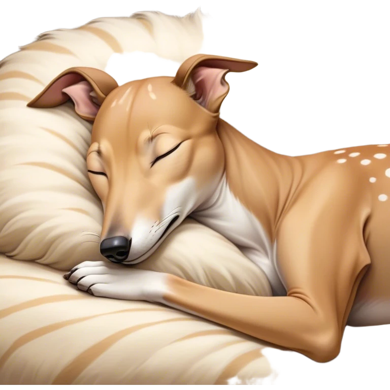 Meme-Worthy Cute Sleeping Fawn Greyhound Portrait Emoji, Head resting peacefully with a contented smile, showcasing a slender build and a luxuriously smooth fawn Fur, eyes shut in a serene nap, Simplified yet hilariously adorable features, highly detailed, glowing with a soft, drowsy light, high shine, relaxed and utterly lovable, stylized with an air of playful laziness, bright and heartwarming, soft glowing outline, capturing the essence of a comically sleepy racer, so meme-worthy it feels like it could instantly become the next viral sensation of adorable slumber! emoji