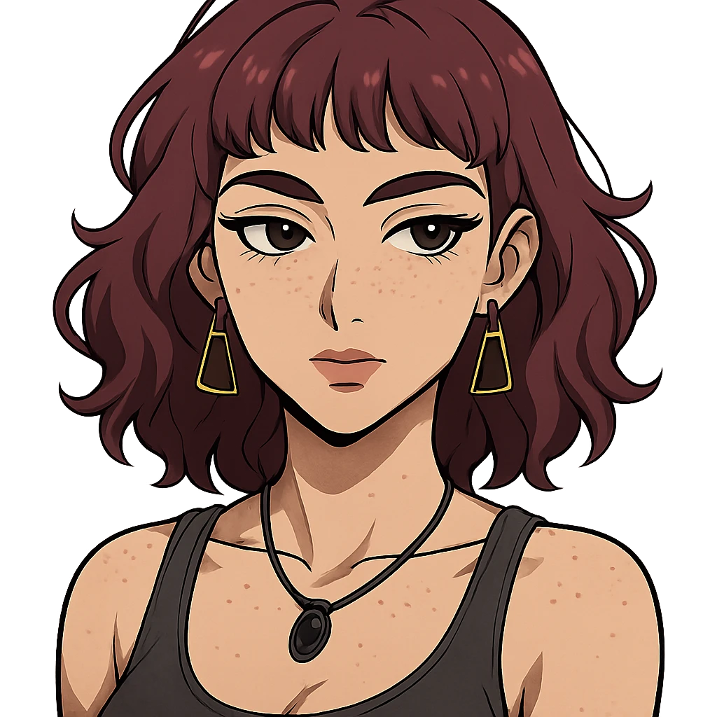 white woman with freckles, teardrop piercing, wavy wine purple hair to shoulders, short bangs, triangular hoop earrings, black stone necklace, tank top, thick eyebrows, large brown eyes, adult anime style, sensual emoji