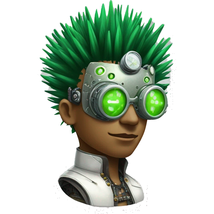 Green Mohawk hair male cyborg head with white steampunk goggles and circuits emoji