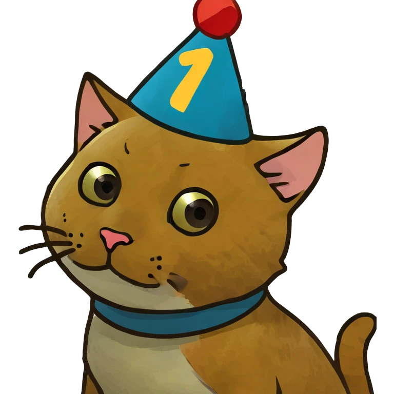 ginger tabby kitten celebrating birthday, wearing a birthday hat, with birthday cake, balloons, happy expression, and gifts emoji