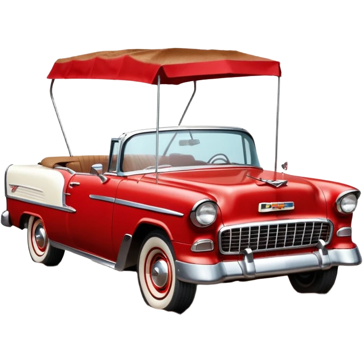 1955 Chevrolet Bel Air Convertible, Red-White color, with a bucket of brown mud pouring down on it, and the car itself is covered in brown dirt on the sides, which is stuck and clearly visible from all sides of the body. 32x32 pixels, aspect ratio: 1:1 emoji
