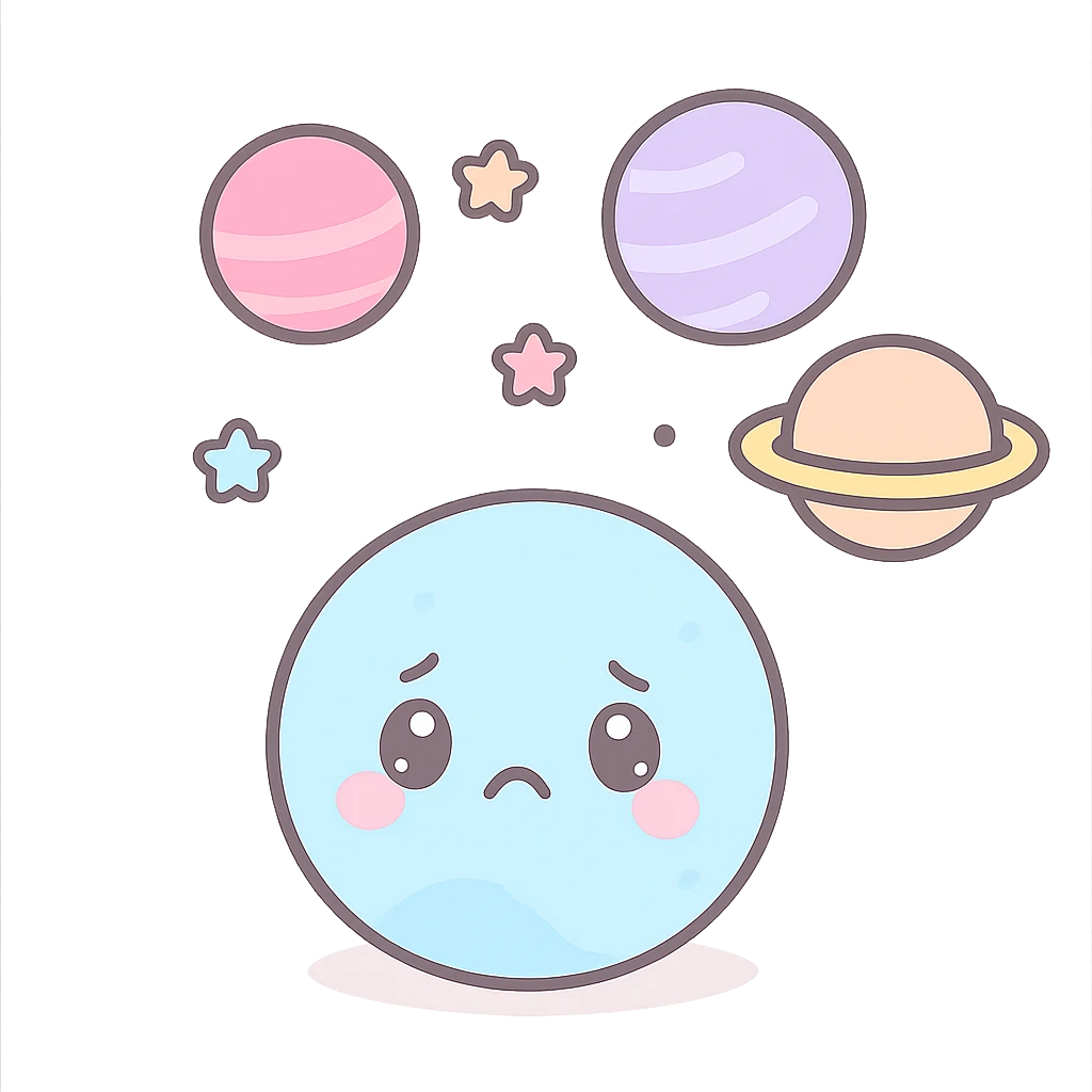 a small, blue-tinted Pluto with a frown, gazing up at a group of distant planets, feeling left out, cute kawaii style emoji