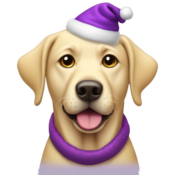 Yellow lab dog wearing purple Christmas ate emoji
