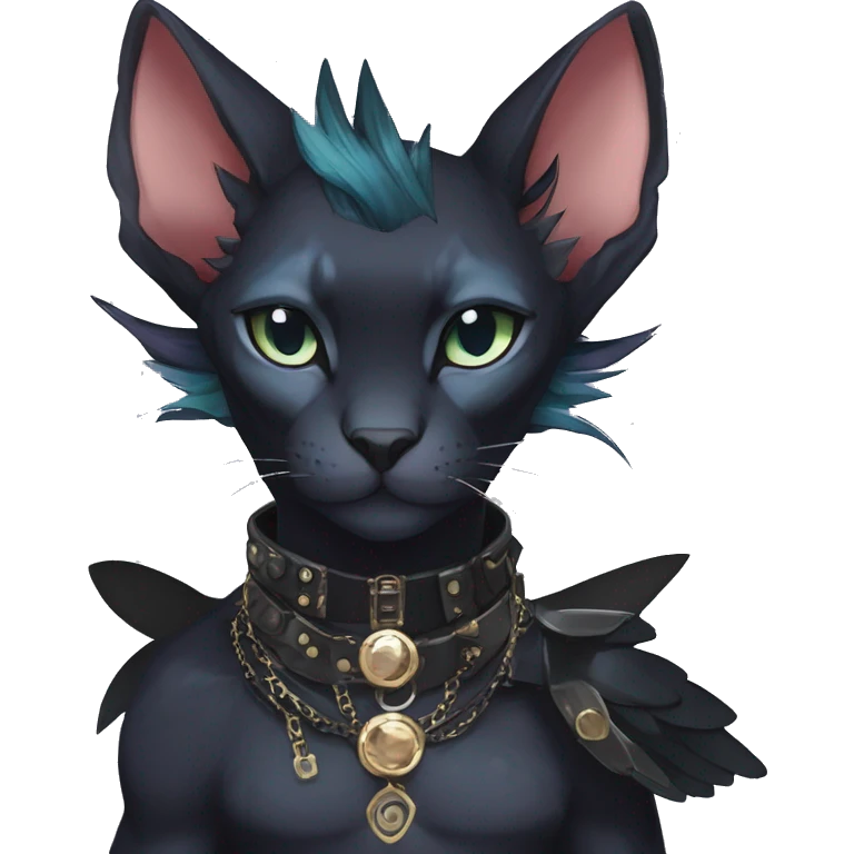 cool punk kawaii anime edgy distinguished pretty elegant beautiful fantasy black ethereal nargacuga-Noivern-sphynx-Quiana-Fakemon collar harness jewels full body emoji