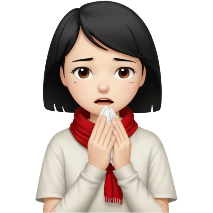 a pretty bratz fair girl crying in a loose oversized off white tshirt and red scarf with short black hair with a tissues in hand emoji