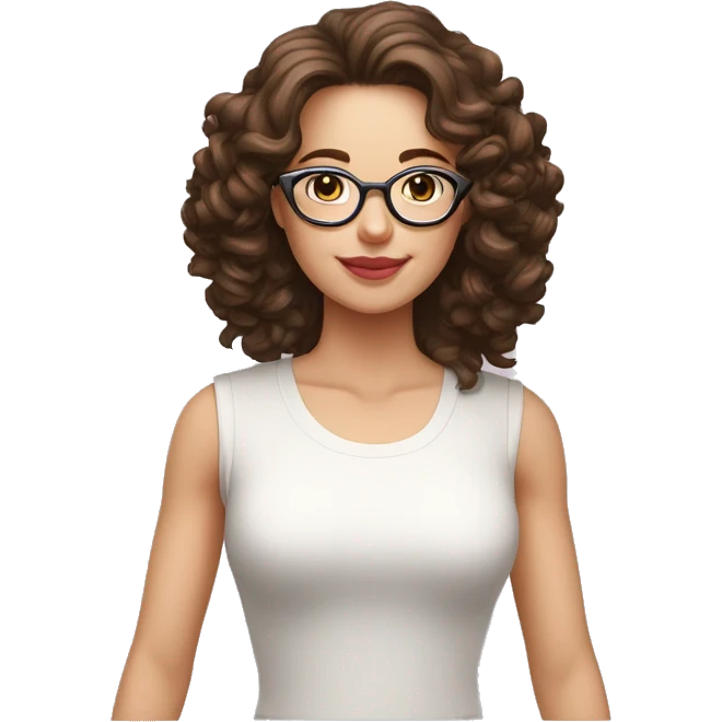 Femme blanche, brune, cheveux longs bouclés, lunettes rose pâle emoji