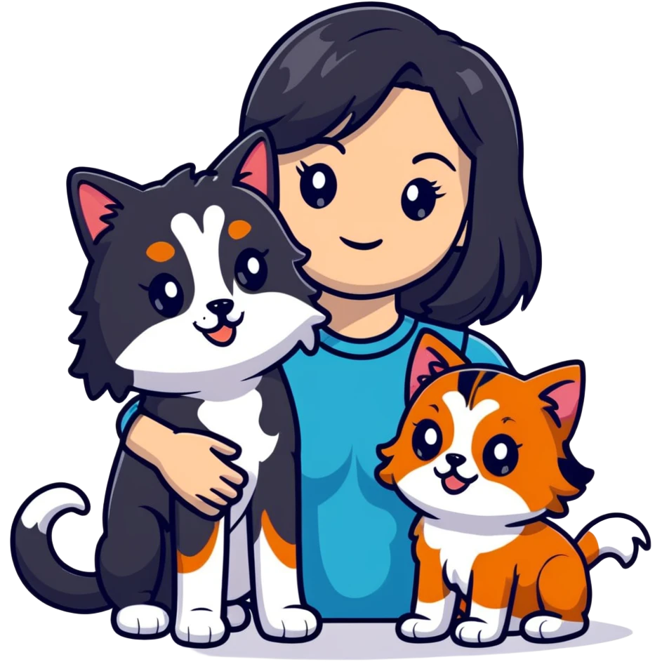 woman with long black hair holding an American Shorthair cat and a Cavalier King Charles Spaniel dog emoji