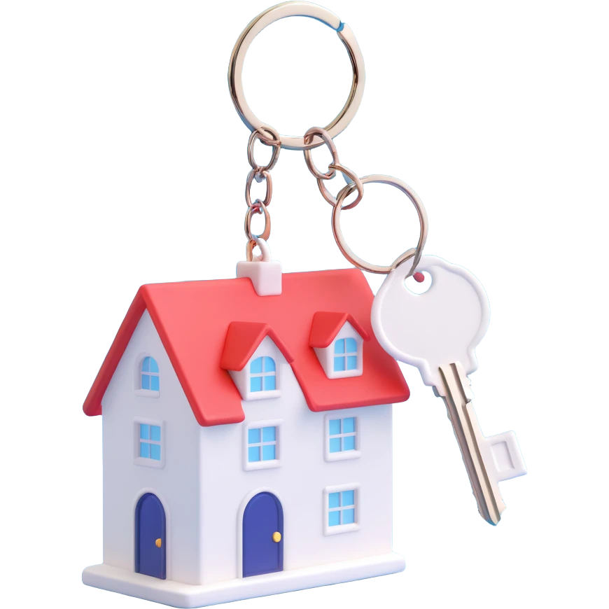 white key with a white house-shaped keychain on a chain, 3D Emoji style, soft shadows and highlights, transparent background, no decoration, close-up view emoji
