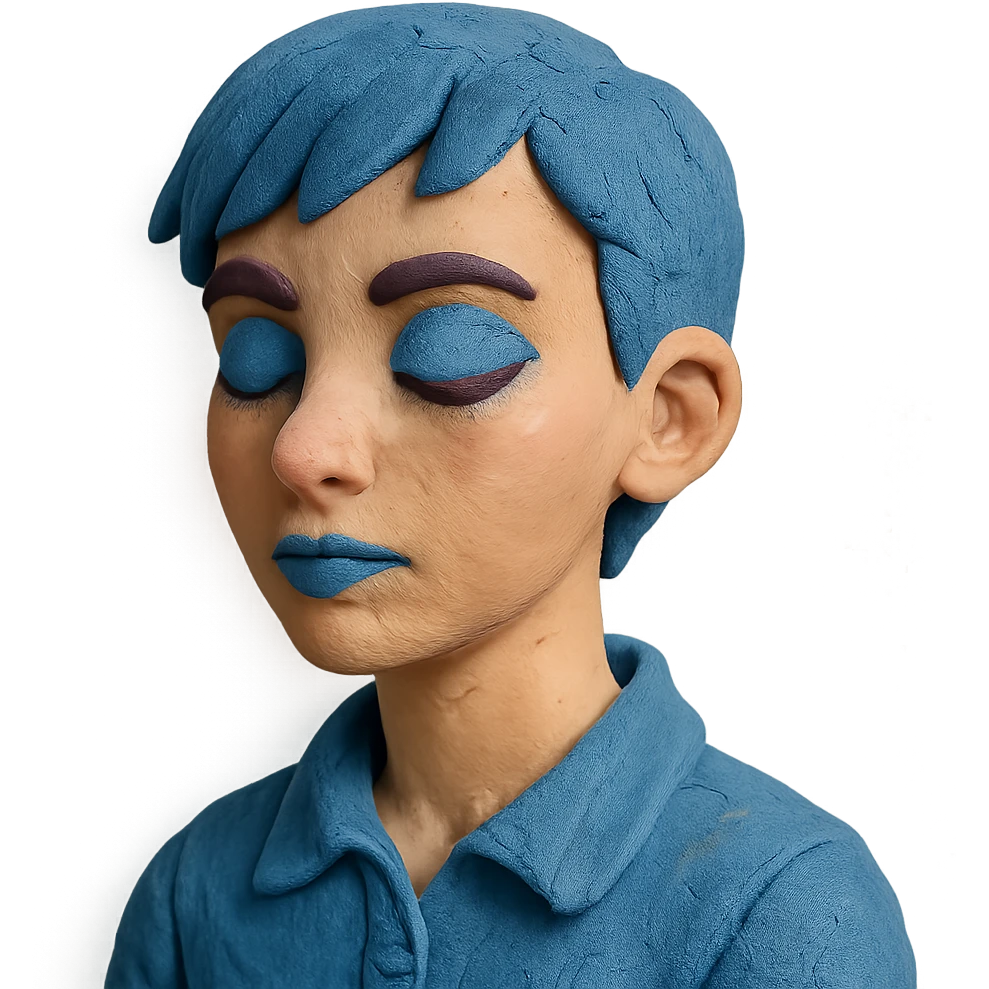 profile picture of a 22-year-old girl with short hair, cool tone makeup, blue shirt, claymation style emoji