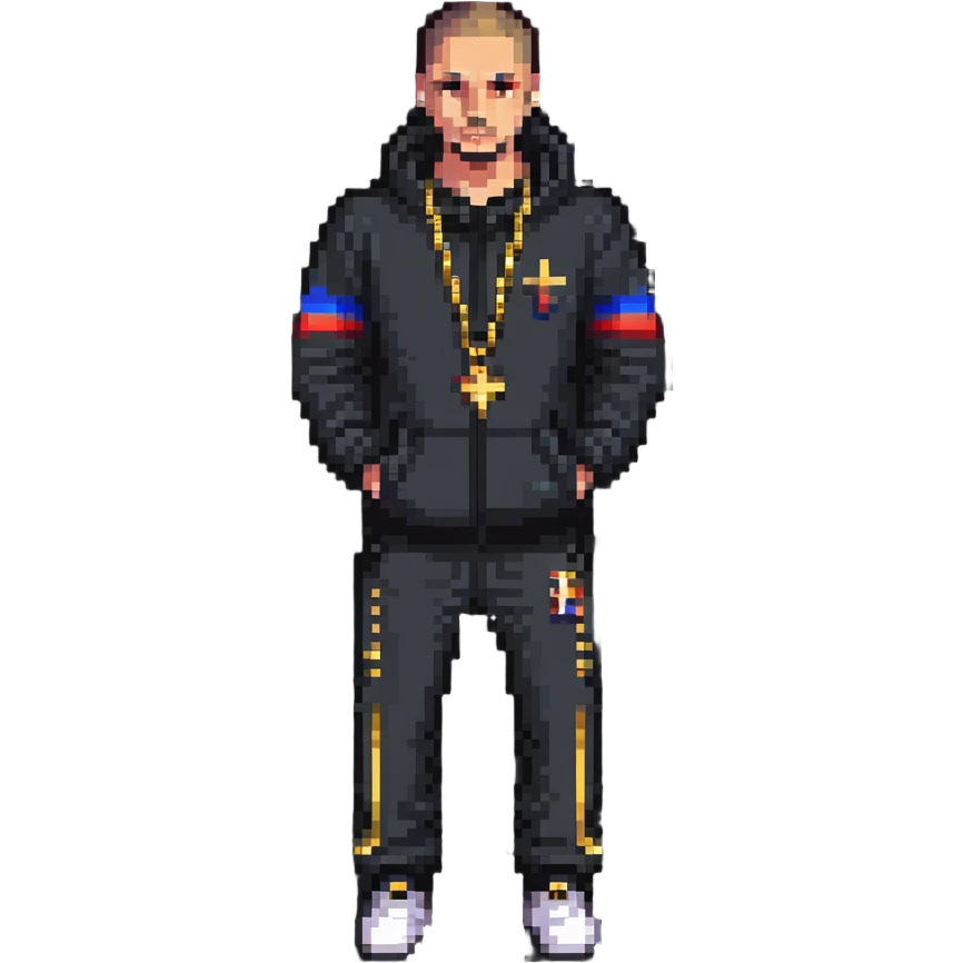 Russian gangster wearing a tracksuit and gold chain, pixel art style emoji