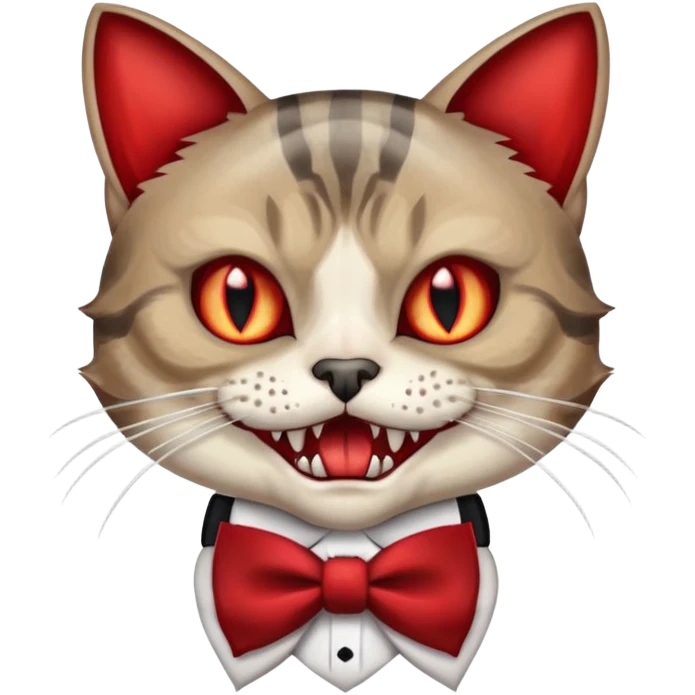 A maceral tabby cat with its mouth open and vampire fangs. The cat has red eyes and is wearing a skull bow tie emoji