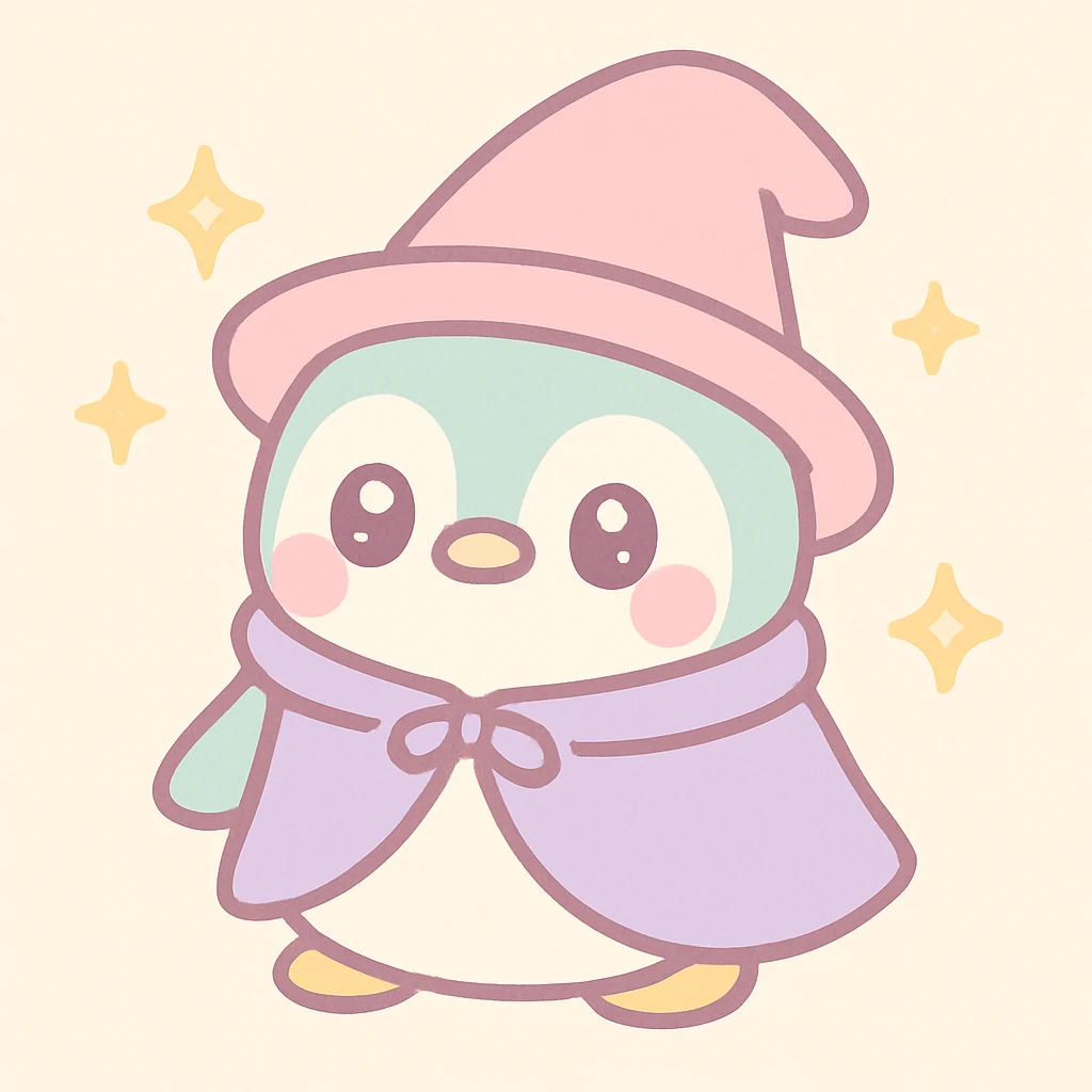 a chubby penguin with a wizard hat and cloak, surrounded by sparkles, in a soft, rounded kawaii illustration style emoji