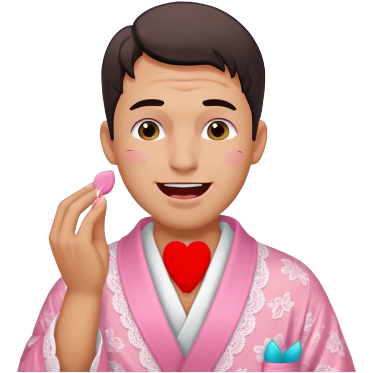 male getting sissified in lingerie by his smug wife. the wife is crying with laughter. she is doing the males makeup emoji