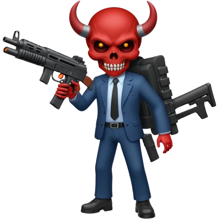 A Demon from hell that is dressed like a fbi agent with a machine gun, full body pointing the machine fun to the left. In the style of your bleeding skull artwork. Just one machine gun emoji