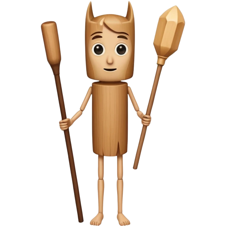 a tall, cylindrical, wooden-like figure with a human-like face, large eyes, and a slight smile. It has small, thin arms and human legs. It appears to be holding a long, wooden stick or bat.
 emoji