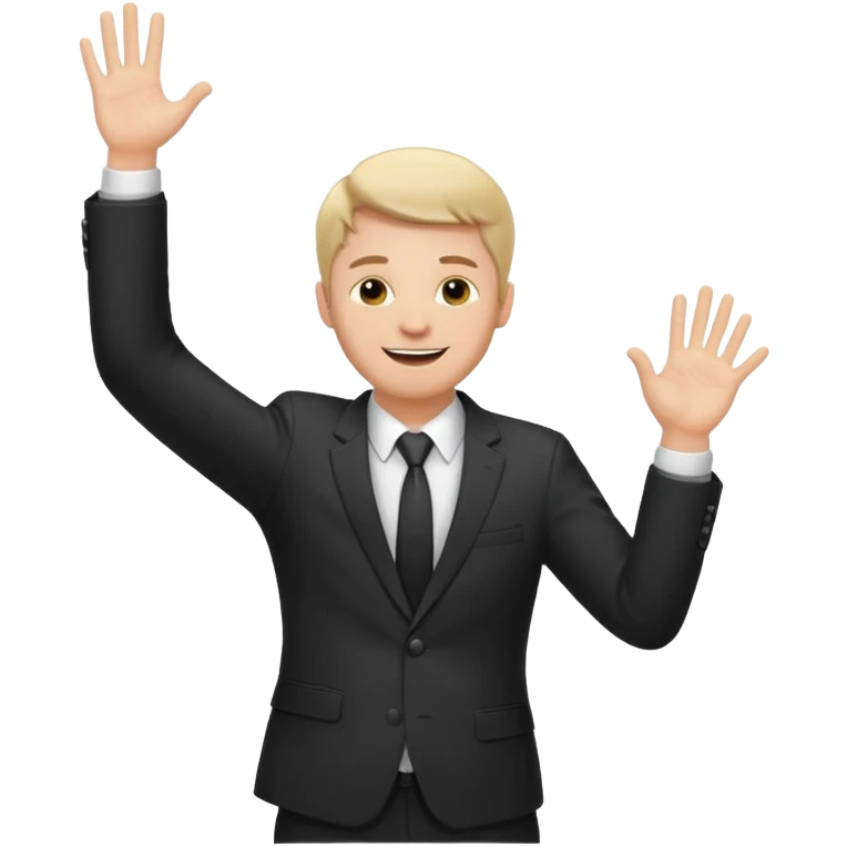white man in formal suit throws up his hands emoji
