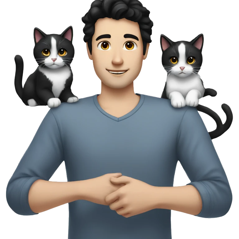 white Guy with black hair, pinch and two black and white cats emoji