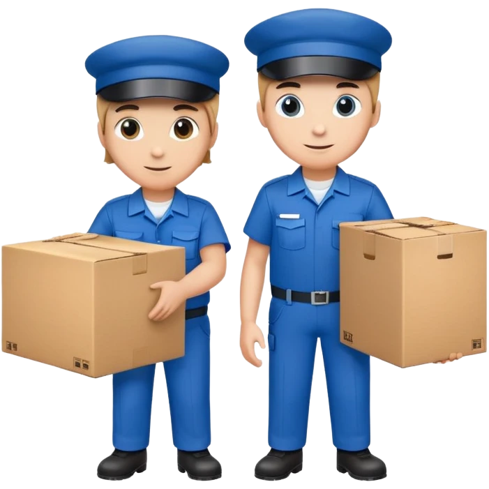 two workers in blue uniforms and caps holding a large box together emoji