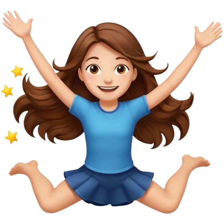 Girl with long brown hair happy jumping in the air with sunbeams in the background  emoji