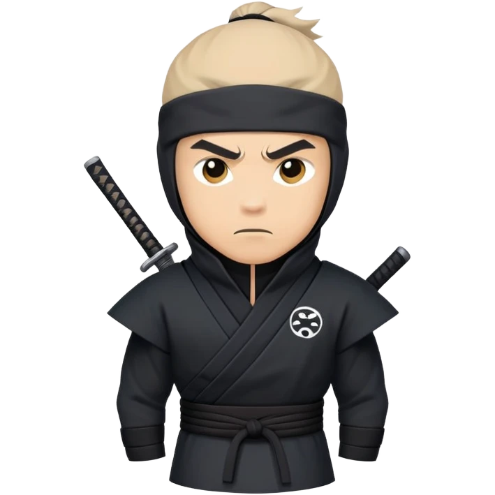 clash-of-clans-aesthetic_-cinematic-mysterious-male-ninja-portrait-emoji, rendered in a flat, vector-style with minimal shading and bold, simplified shapes,   with a head slightly turned revealing intense, focused eyes. the ninja is accompanied by a Ninken dog emoji
