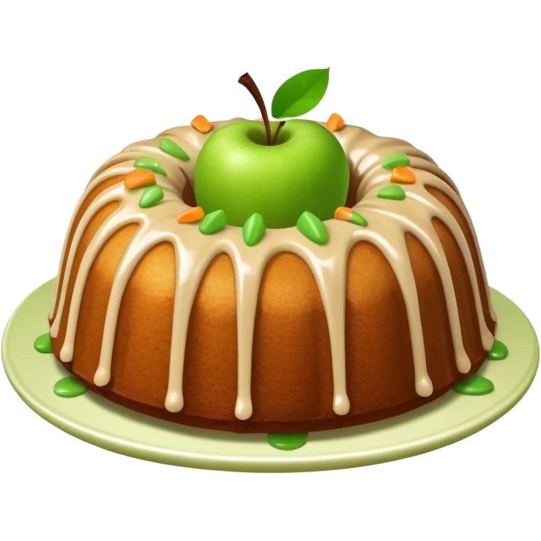 Bundt cake with green apple pieces sprinkled on top and tan sauce emoji