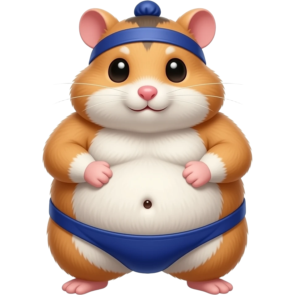 A cute female hamster,suited to be a sumo wrestler,she rubs her huge overstuffed stomach,a cute little bellybutton poking out of her fur,she is massively fat. emoji