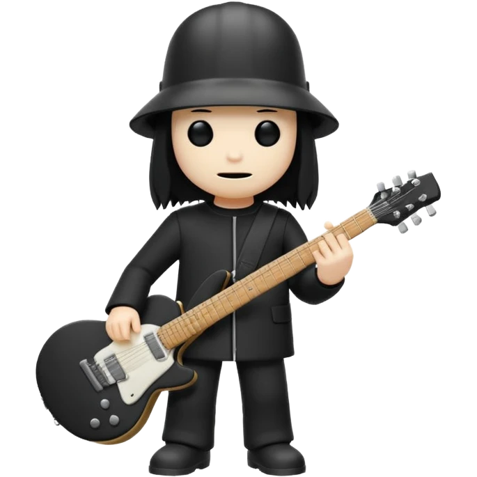 Minimalist chibi emoji of Buckethead: tiny body, oversized bucket helmet, simple black clothes, holding a guitar, spooky-cool but adorable emoji