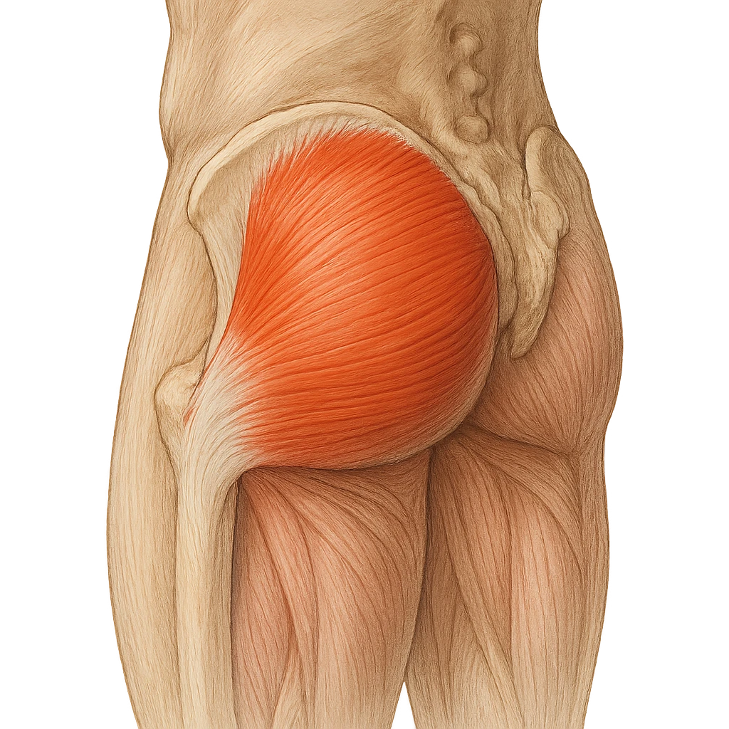 realistic and educational illustration of the gluteus medius muscle, precise anatomical details, highlighted compared to other muscles in the region, lateral and posterior view, neutral background, no explicit references to sensitive parts emoji