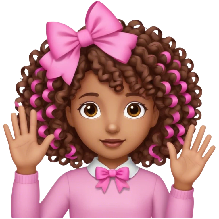 brown girl with brown curly hair and pink bows in her hair waving and wearing pink emoji