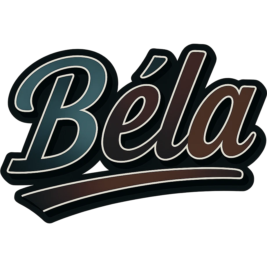 Text image of the name 'Béla' in a modern, dynamic font with masculine gradient colors including blue, green, gray, dark burgundy, brown, and dark blue shades. The text has a thin white outline, a dark outer contour, and an underline. The style is inspired by the Péter sample image. Size 1000x1000 px, PNG format, transparent background. emoji