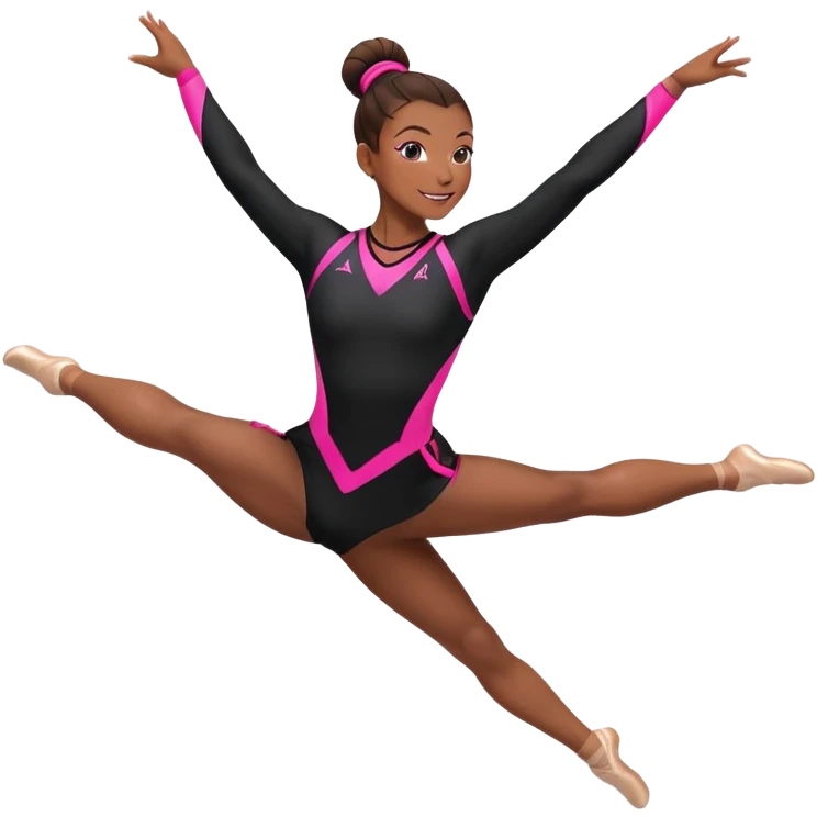 Happy female gymnast with brown hair in a neat bun, wearing a black uniform with neon pink elements, performing an acrobatic move. A female gymnast with brown hair in a neat bun, wearing a black uniform with pink elements, performing an acrobatic move. emoji