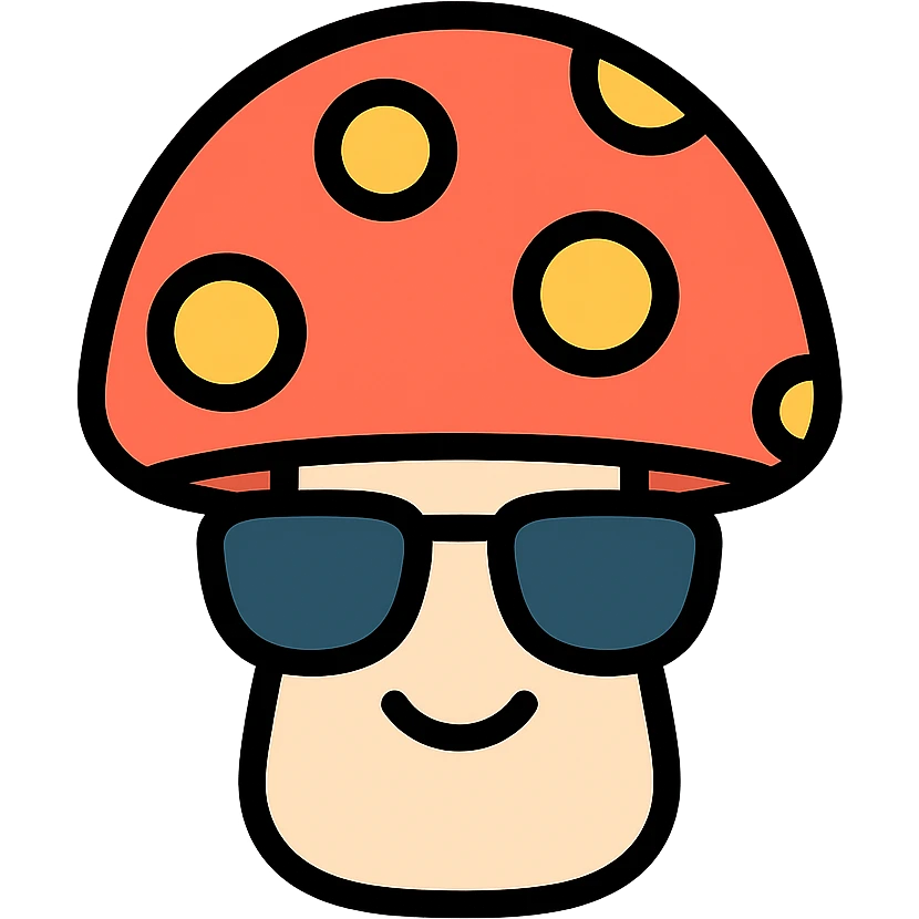 colorful icon of a mushroom with sunglasses and a smile emoji