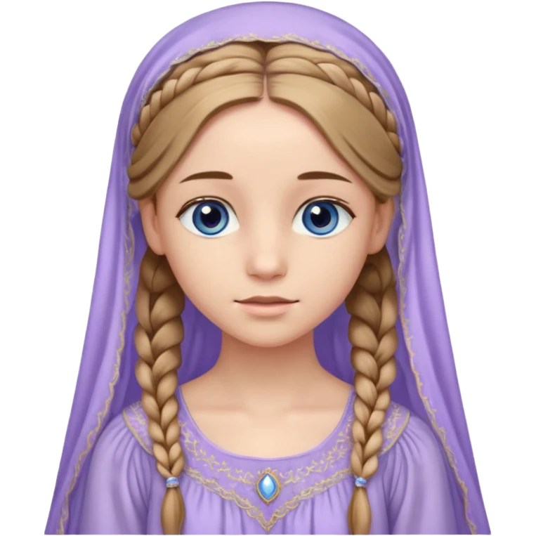 Joven de unos 20 años, de aspecto dulce y elegante.
Piel clara, ojos (pueden ser azules o verdes)
Rubio o castaño claro, largo, con trenzas o velo.
Vestido largo de tonos suaves (blanco, azul o lavanda), con bordados dorados; un manto o toca fina cubriendo la cabeza. se vea todo el cuerpo emoji