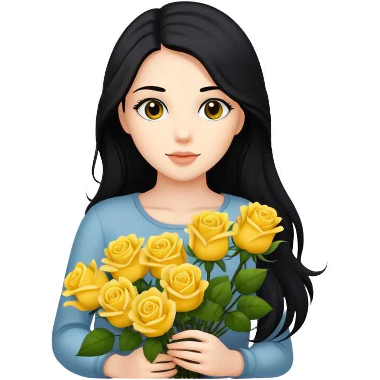 Beautiful girl with long black hair holding a bouquet of yellow roses emoji