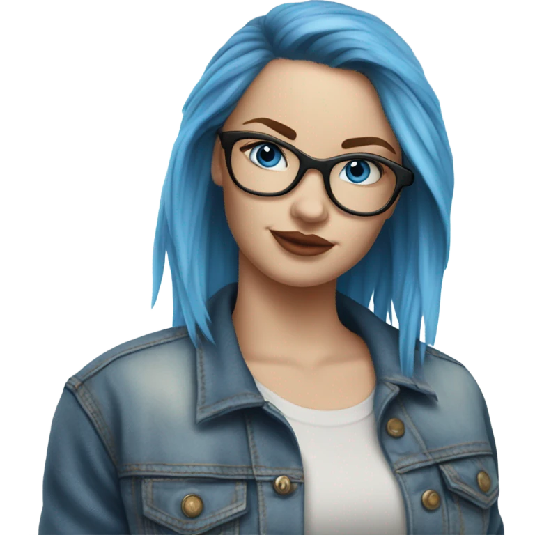 Create a Hyper Realistic pale beautiful tattooed 3D woman with glasses and blue eyes wearing denim jacket emoji