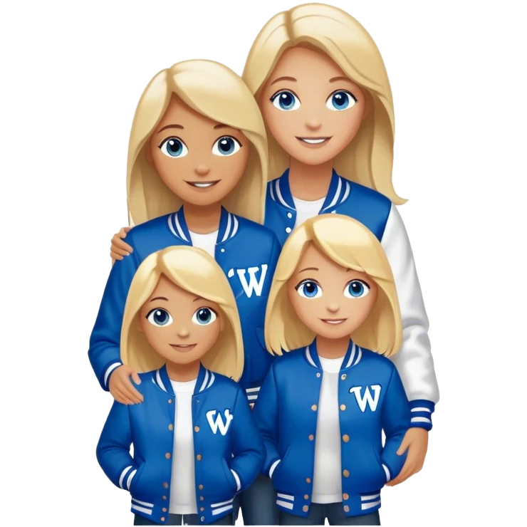 smiling mother in letterman jacket with W Blue eyes, Name is Tini, two Little girls Long blond straight hair and Blue eyes,  emoji