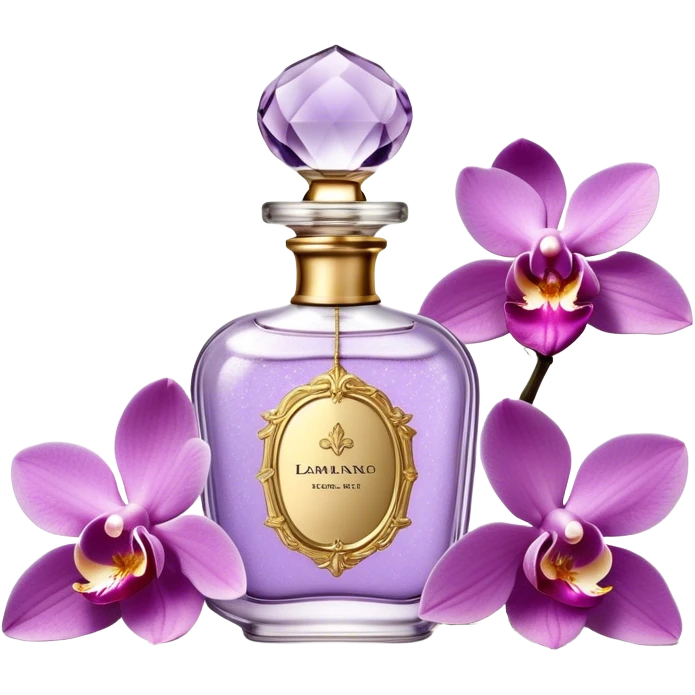 Create a delicate vintage French-style perfume bottle in an orchid hue, adorned with intricate gold detailing and an elegant glass stopper. Surround it with lush lilac flowers, along with soft lavender sprigs and petals scattered around for a dreamy, romantic atmosphere. The background should have a subtle antique texture, evoking the charm of a Parisian boudoir. The lighting should be soft and diffused, enhancing the luxurious and nostalgic feel emoji