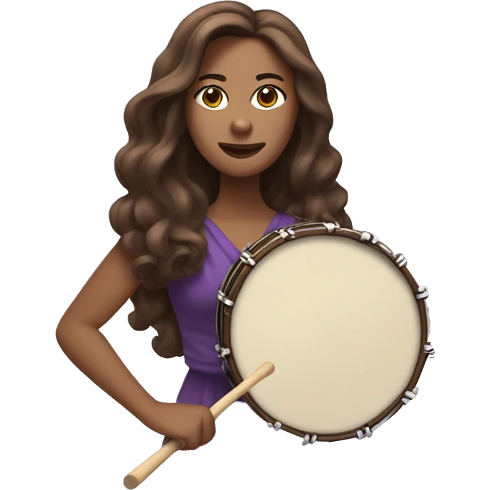 White woman standing with long flowing purple dress and long wavy brown hair holding a small handheld frame drum and a drum stick emoji