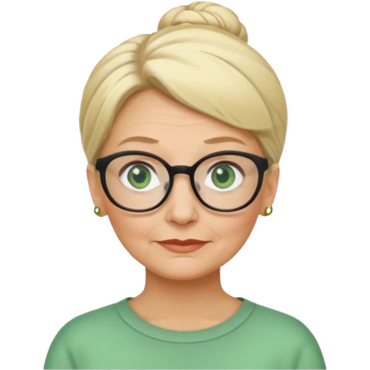 older teacher with blonde bun green eyes and glasses emoji
