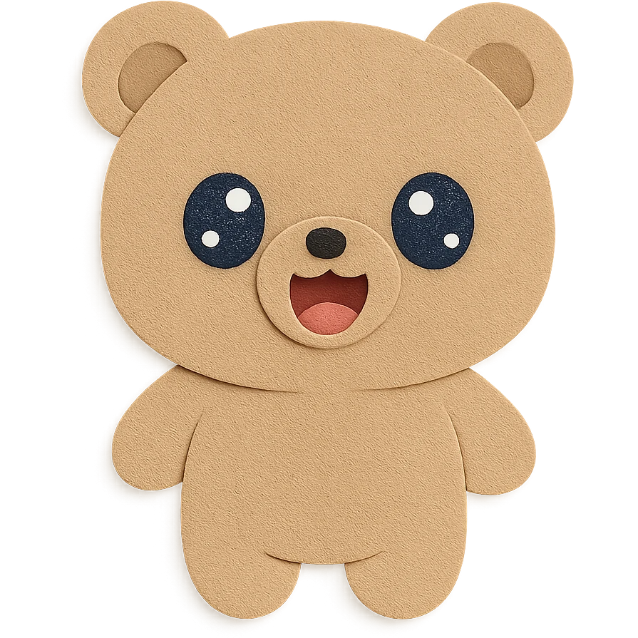 Make the little bear's expression even softer, cuter, and more adorable, with big sparkling watery eyes and a super soft, heart-melting open-mouth smile. The bear should have no objects in its hands, no hair, no tail, and no blush. Keep the bear simple, with a natural, flawless body, round face, round ears, chubby body, soft pastel brown color, and use the exact same paper craft visual effect as the reference image. Clean lines, transparent background. emoji