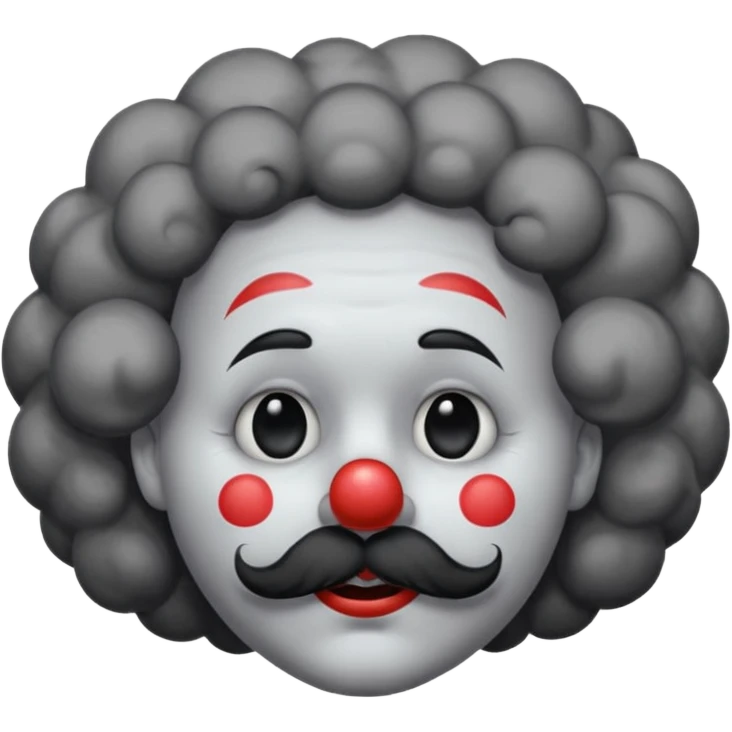 a melancholic clown character with a round gray face, half-closed sleepy eyes with long lashes, a big black round nose, and thick black mustache. Dark fluffy cloud-like hair on the sides of the head.  emoji