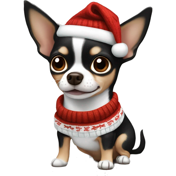 Black, white and brown chihuahua with floppy ears and Christmas sweater emoji