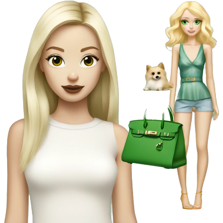 Blonde skinny girl with green eyes and pale skin with white pomeranian and Hermes birkin bag emoji