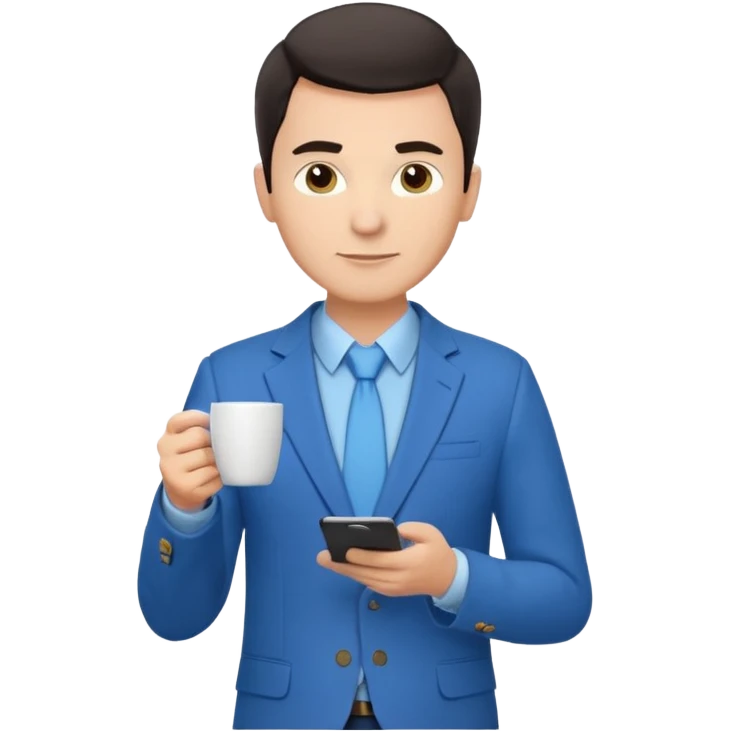 Confident male entrepreneur, Caucasian features, short dark hair, defined eyebrows, slight smile, wearing blue blazer over light blue shirt, holding a smartphone in one hand and a coffee cup in the other, waist-up, front-facing emoji