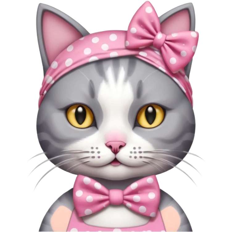 Evil Gray and white evil cat with a pink polka dot dress and with a pink polka dot bow on the Head cute emoji